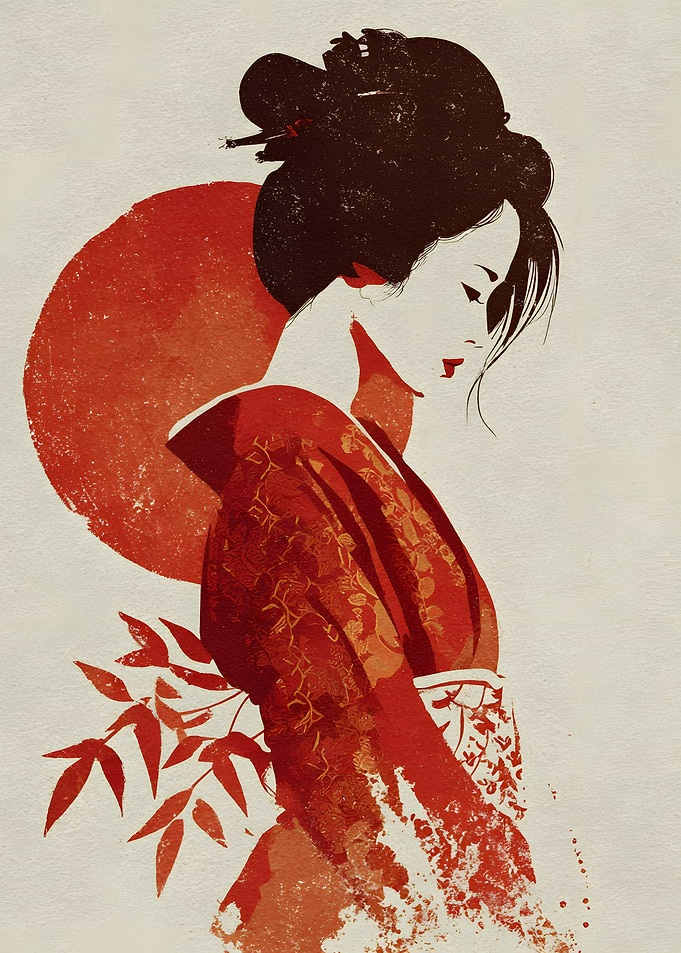 Elegant Geisha with Red Sun