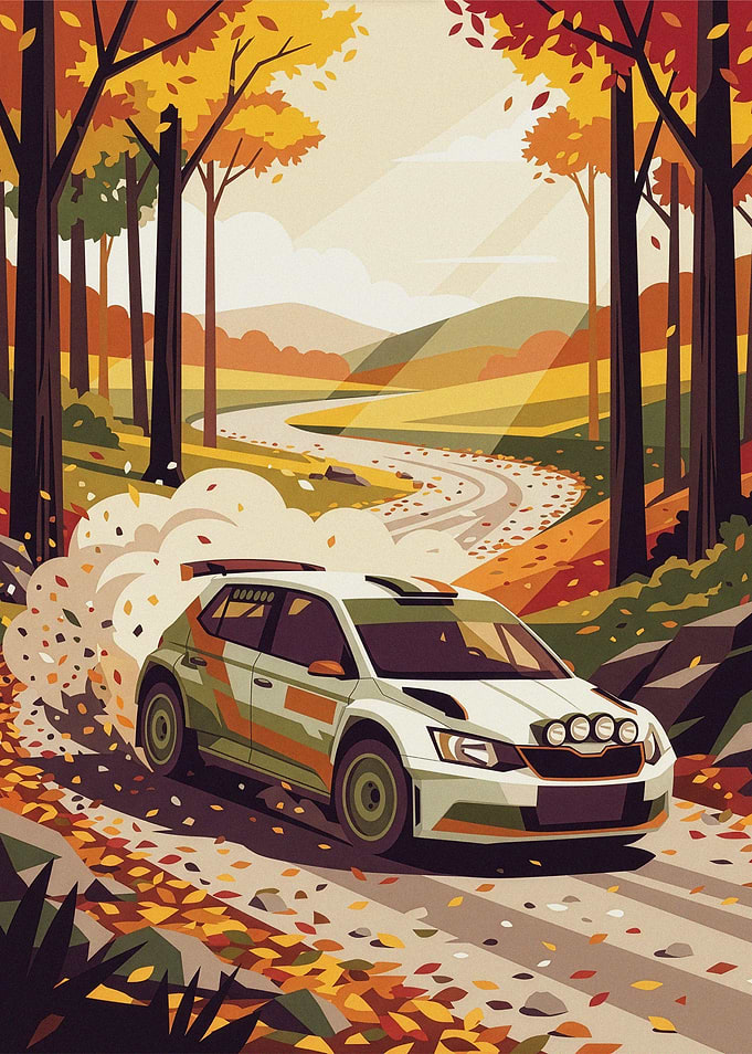 Rally Car Racing Through Autumn Forest