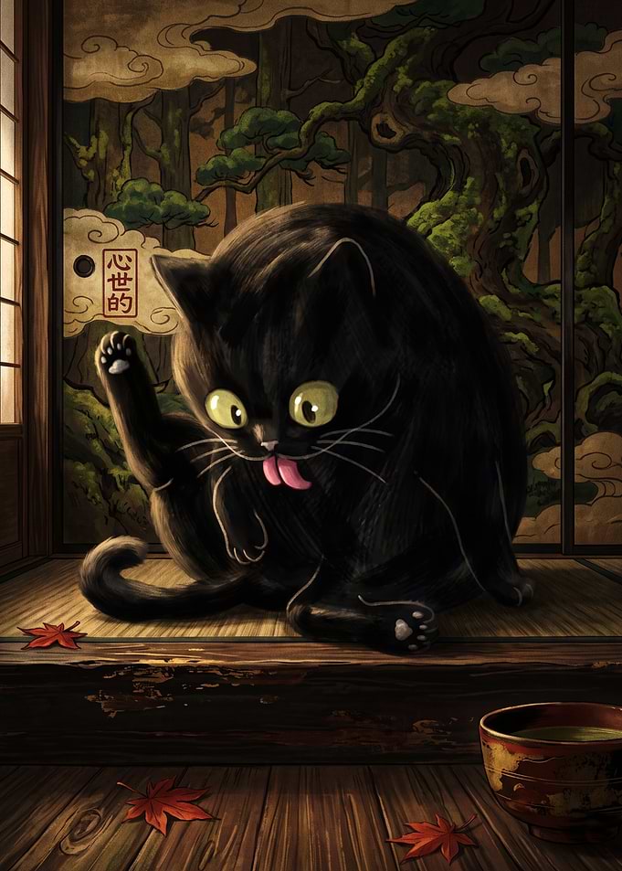 Black Cat Grooming in Traditional Room
