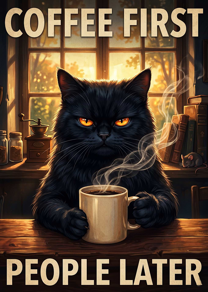 Grumpy Black Cat Coffee Poster