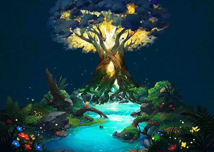 Enchanted Glowing Tree and Stream