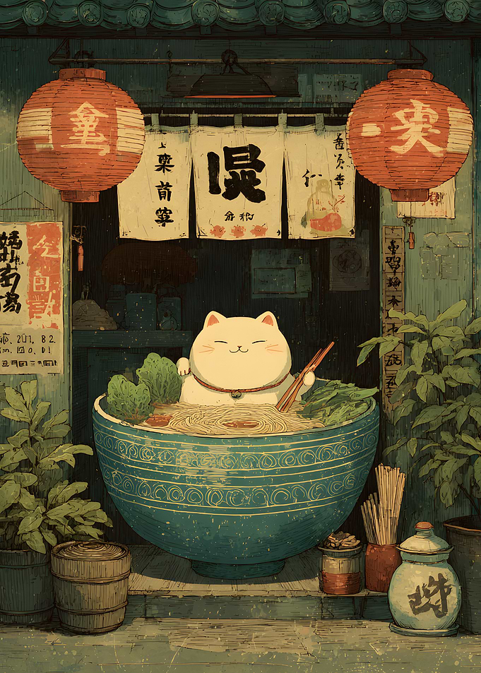 Cute Cat Eating Ramen in Bowl