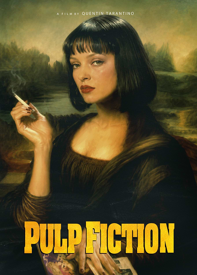 Mia Wallace Mona Lisa Mashup Poster - Vintage Noir Movie Poster Art
