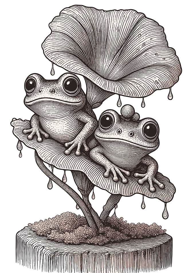 Two Cute Frogs on Leaves