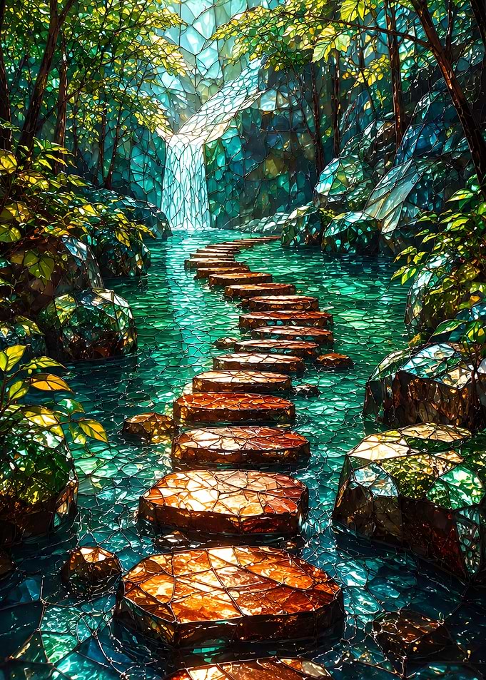 Stained Glass Forest Waterfall Path