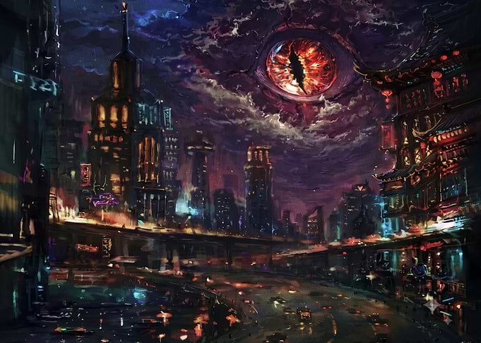 Giant Eye Over Cyberpunk City