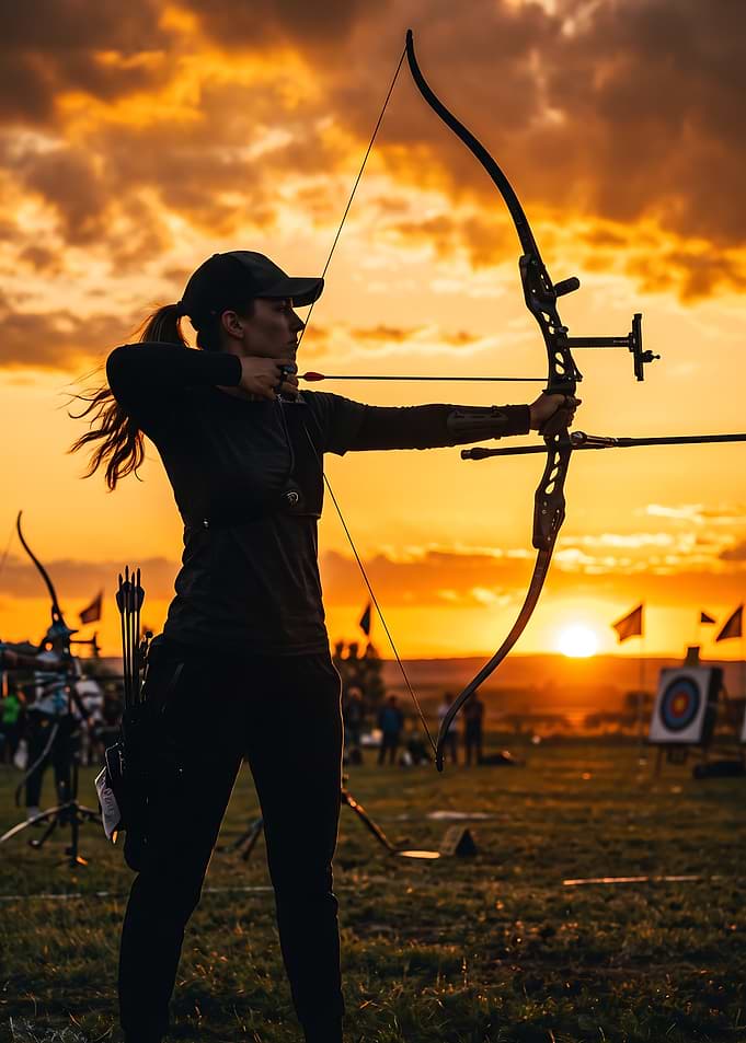 Female Archer Aiming at Sunset