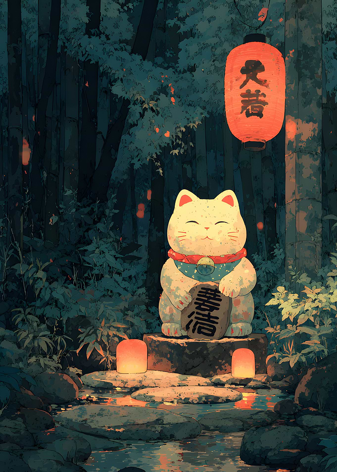 Maneki-neko in a mystical bamboo forest