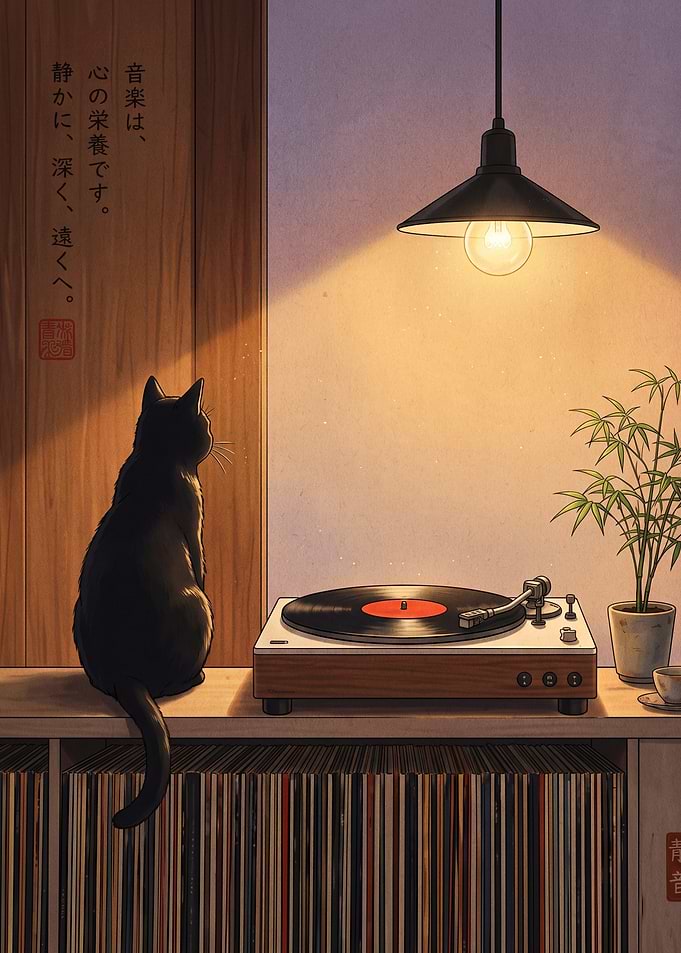 Black Cat Listening to Vinyl Records