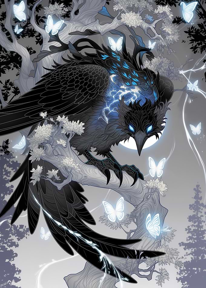 Electric Raven with Glowing Butterflies