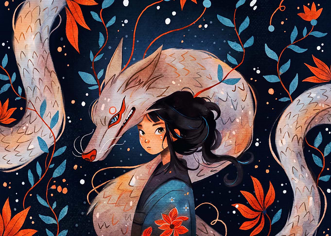 Girl with Mythical White Dragon