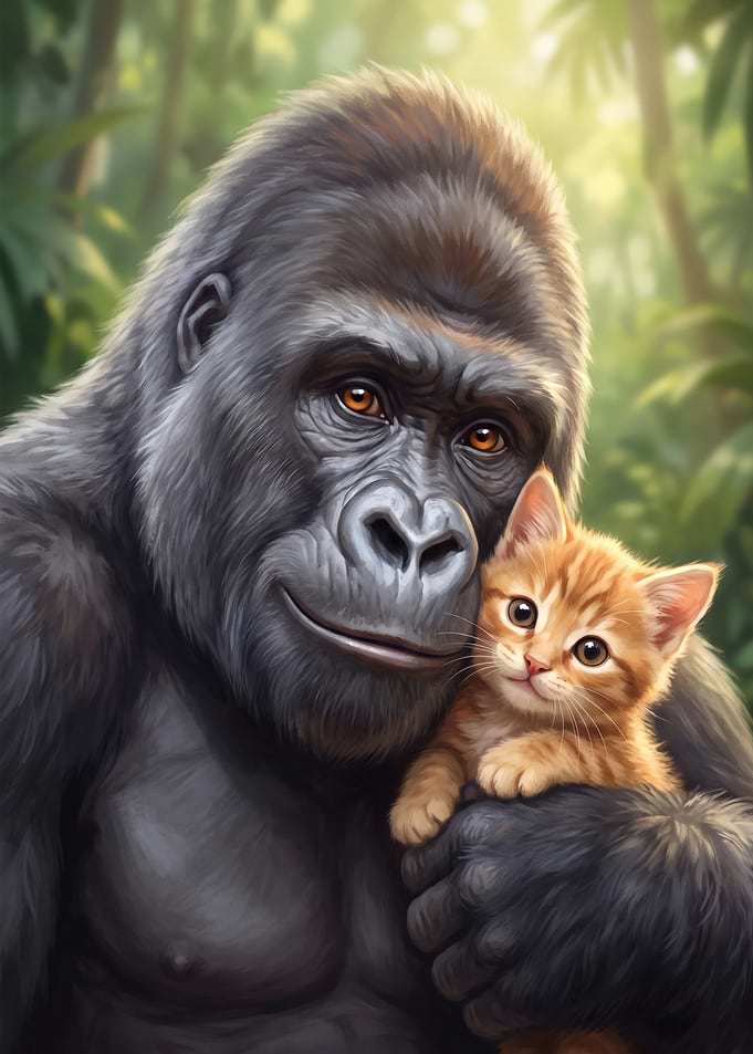 Gorilla Holding a Small Kitten