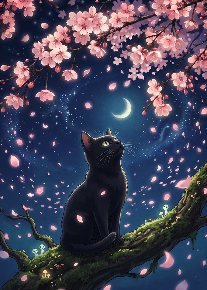Black Cat Under Cherry Blossoms