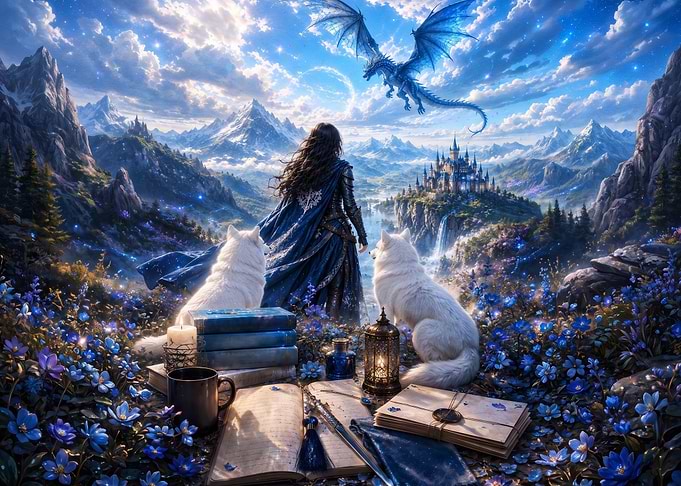 Fantasy Traveler with Dragon and Wolves