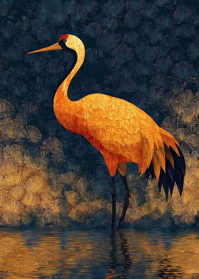 Golden Crane in Dark Water
