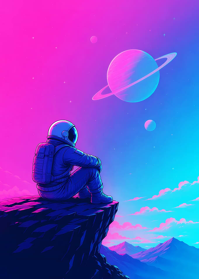 Astronaut Sitting on Cliff Looking at Space