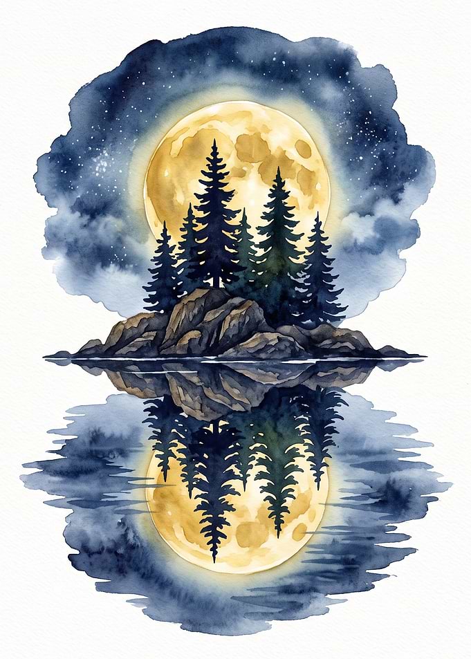 Watercolor Moonlit Forest Reflection