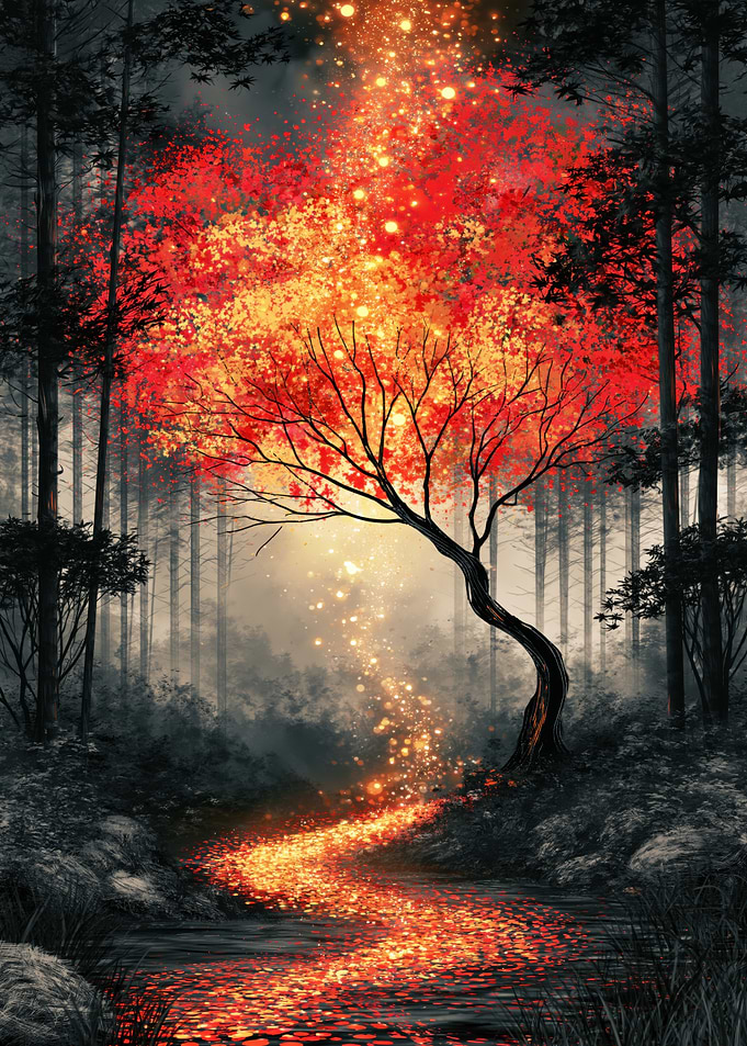 Glowing Magical Tree in Dark Forest