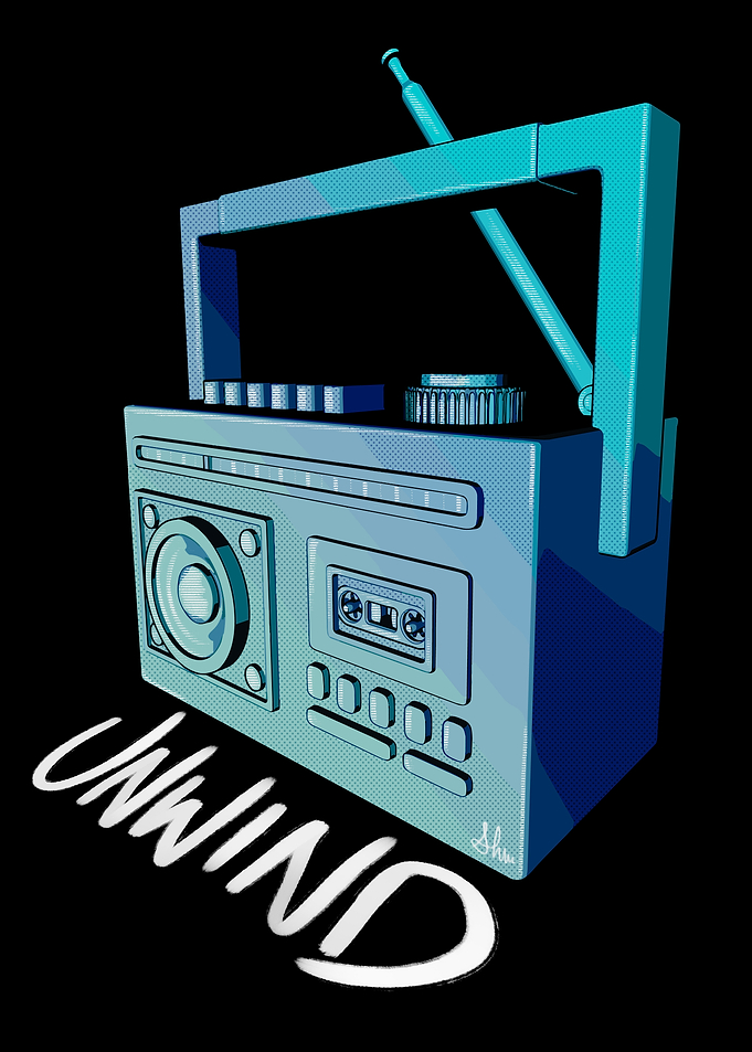 Retro Blue Cassette Radio Art: Unwind