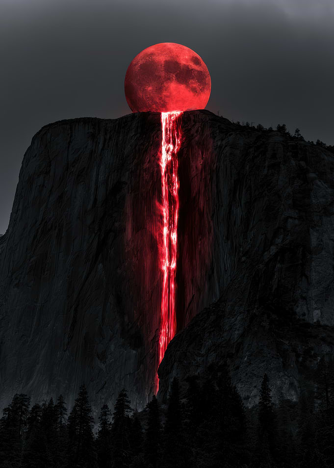 Surreal Red Moon Waterfall Landscape