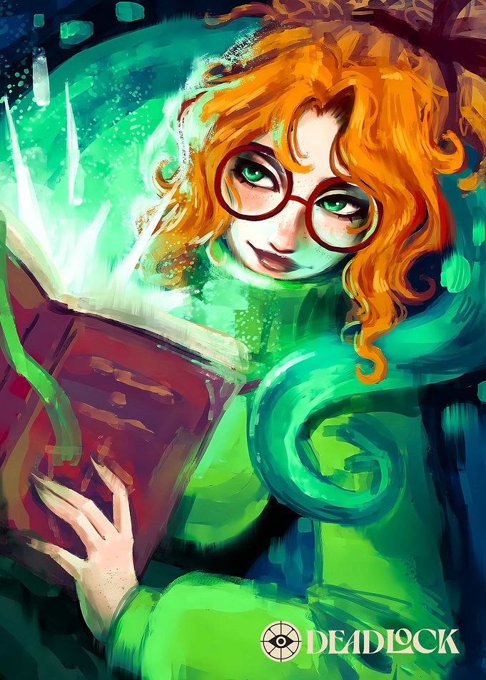 Deadlock character reading glowing spellbook