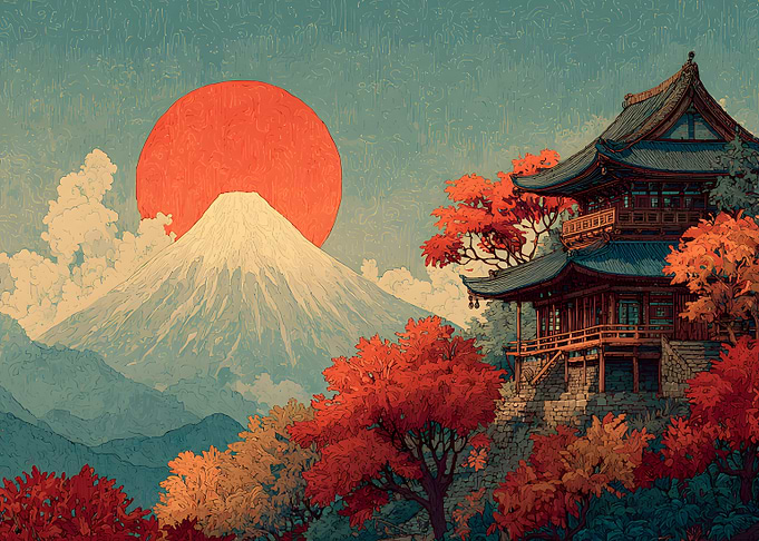 Mount Fuji and Traditional Japanese Temple