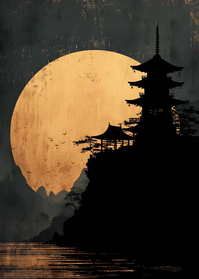 Japanese Pagoda Silhouette at Sunset