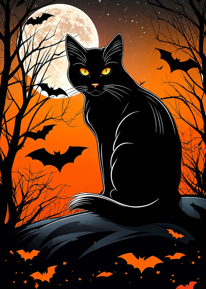 Black Cat Halloween Moon Scene