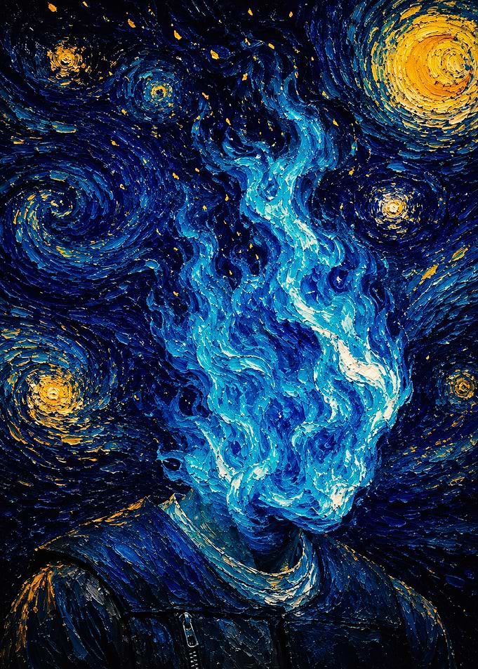 Blue Flame Head Starry Night Portrait