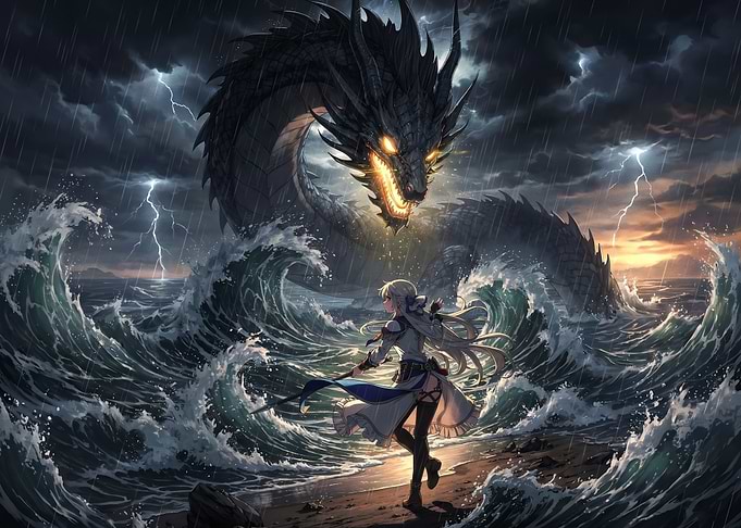 Anime Girl Facing Sea Dragon