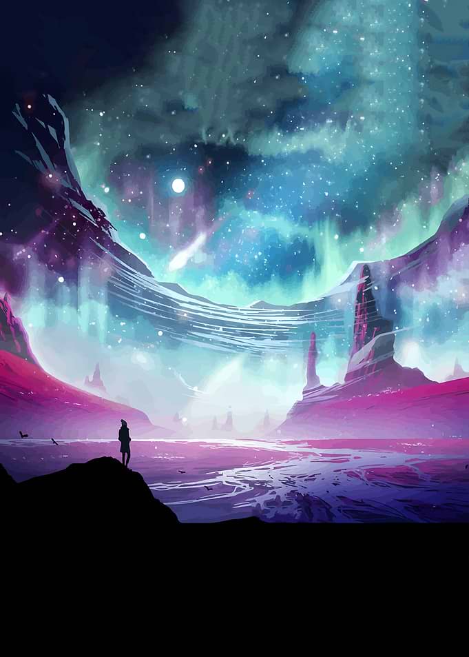 Lone Traveler Under Cosmic Aurora