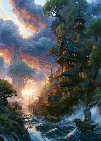 Fantasy Coastal Village at Sunset