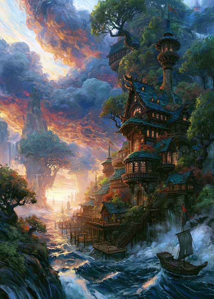Fantasy Coastal Village at Sunset