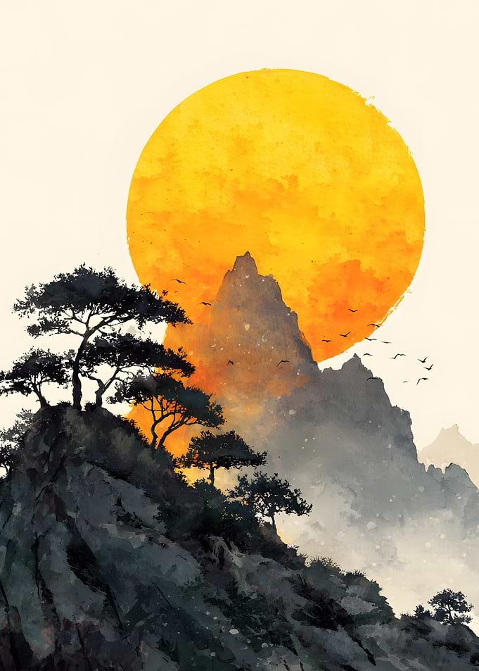 Watercolor Mountain Landscape with Golden Sun