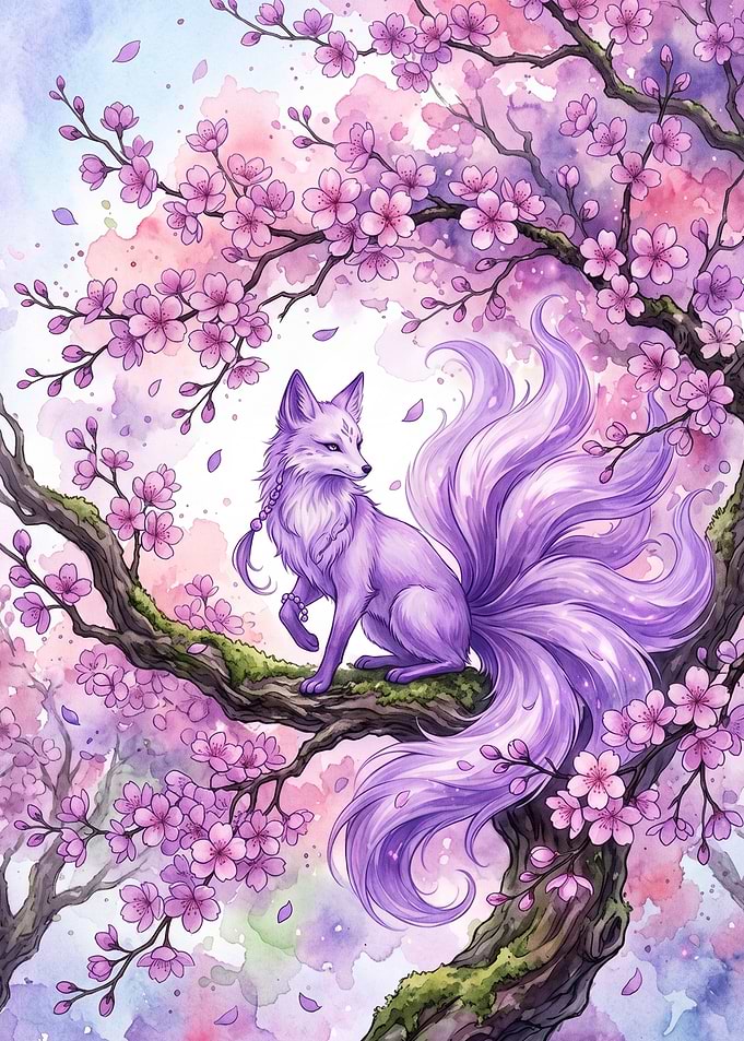 Purple Nine-Tailed Fox in Cherry Blossoms