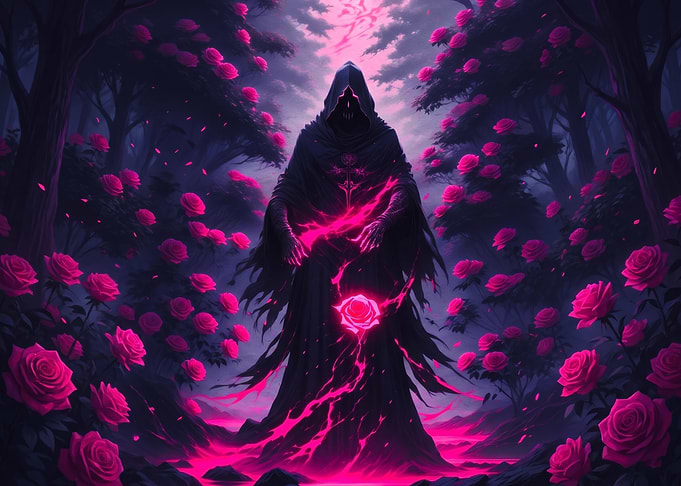 Grim Reaper in Neon Rose Garden