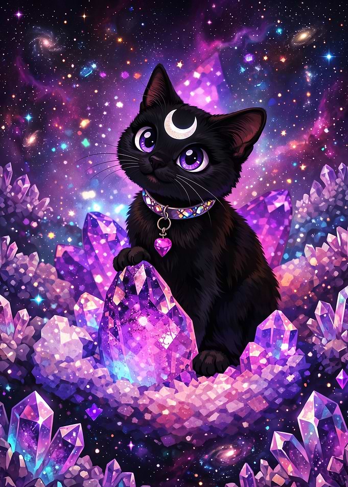 Cute Black Cat with Cosmic Crystals