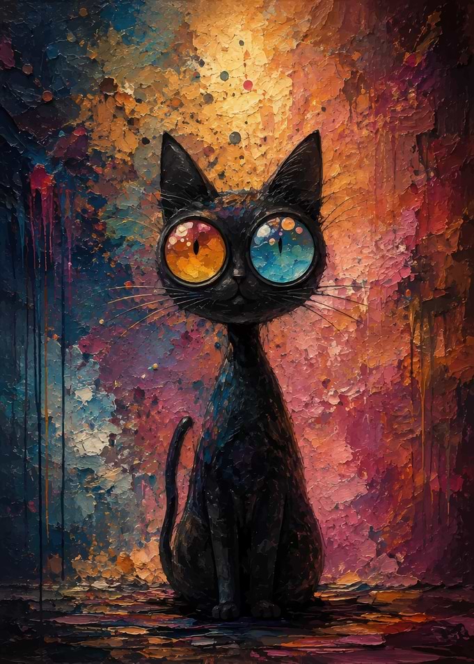Whimsical Black Cat with Colorful Eyes