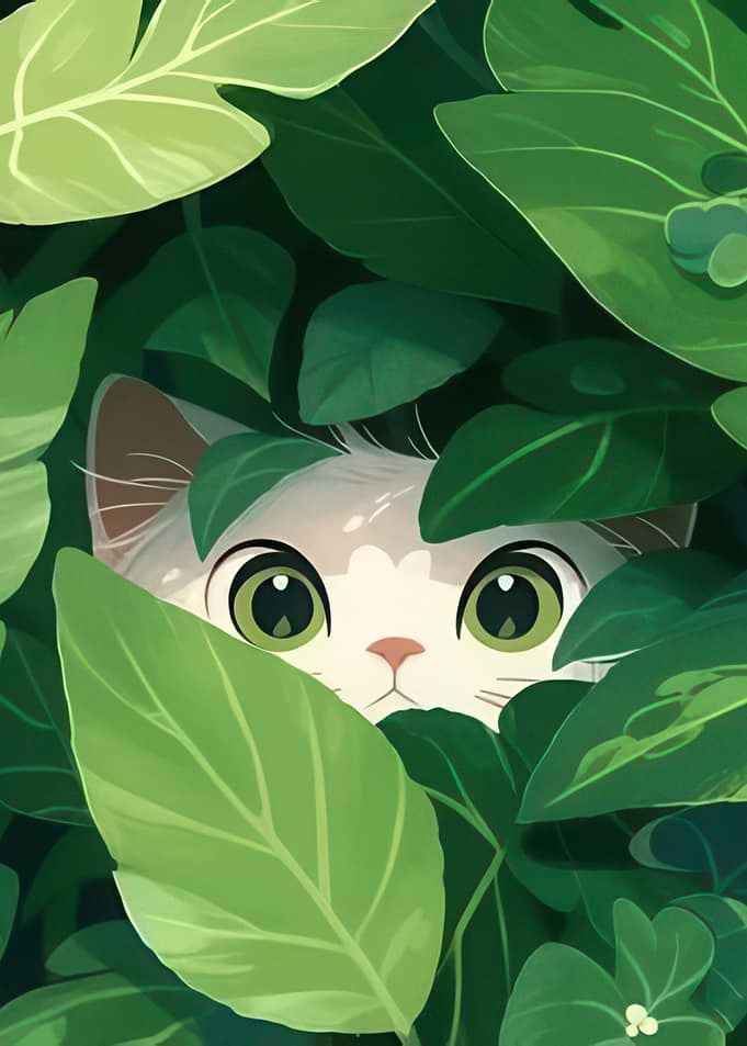 Cute Cat Peeking Through Green Leaves