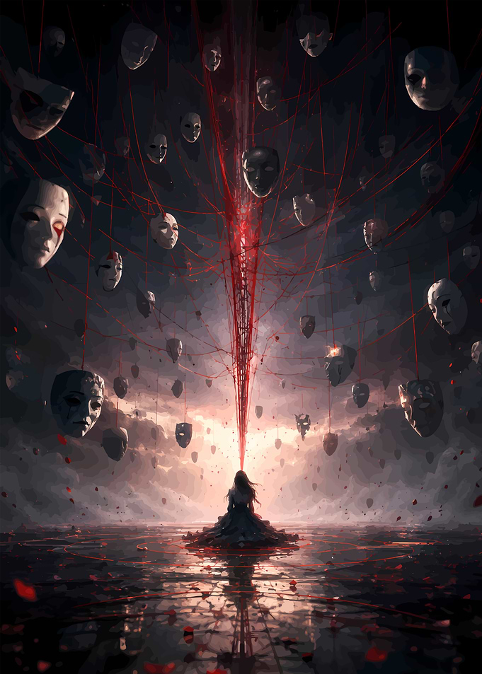 Surreal Figure Surrounded by Floating Masks