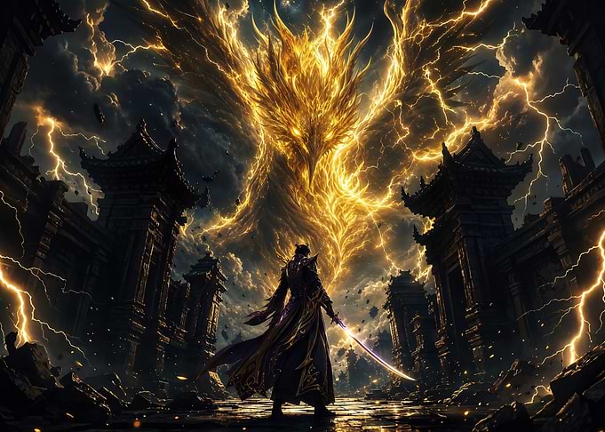 Warrior Facing Golden Lightning Dragon