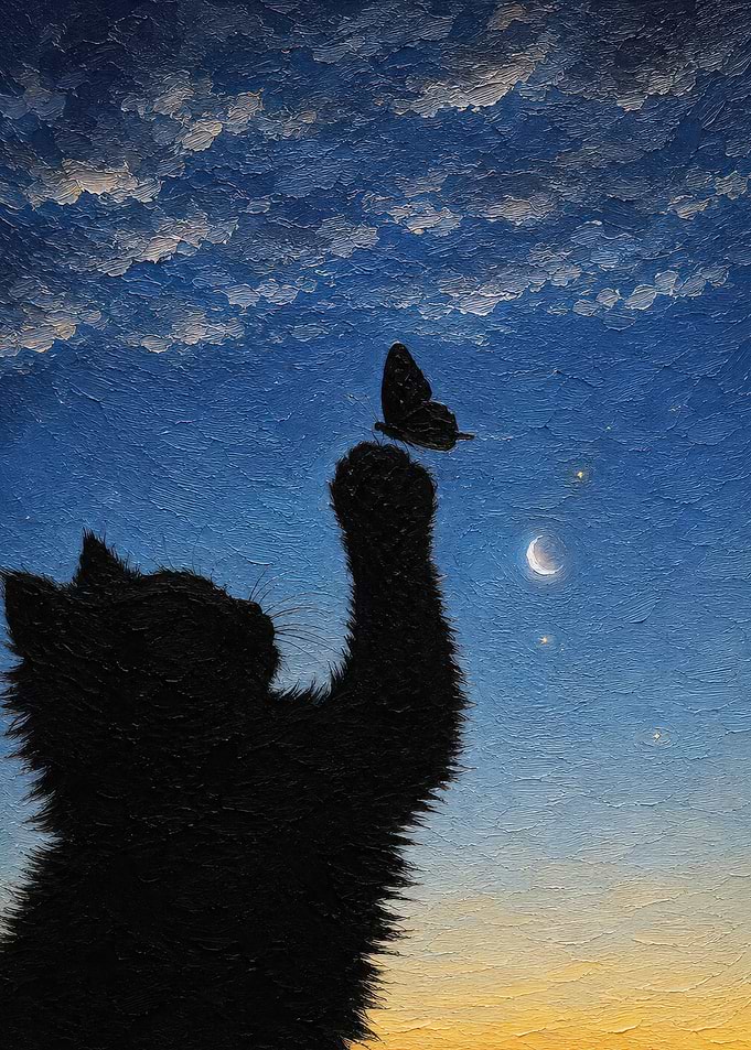 Black Cat Reaching for a Butterfly