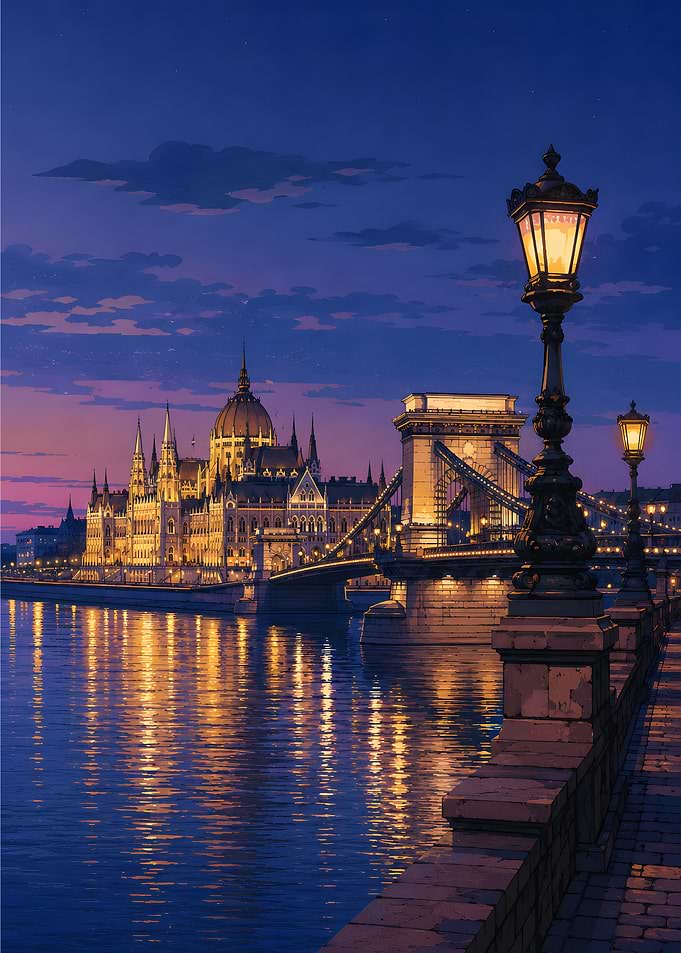 Budapest Parliament and Chain Bridge at Night