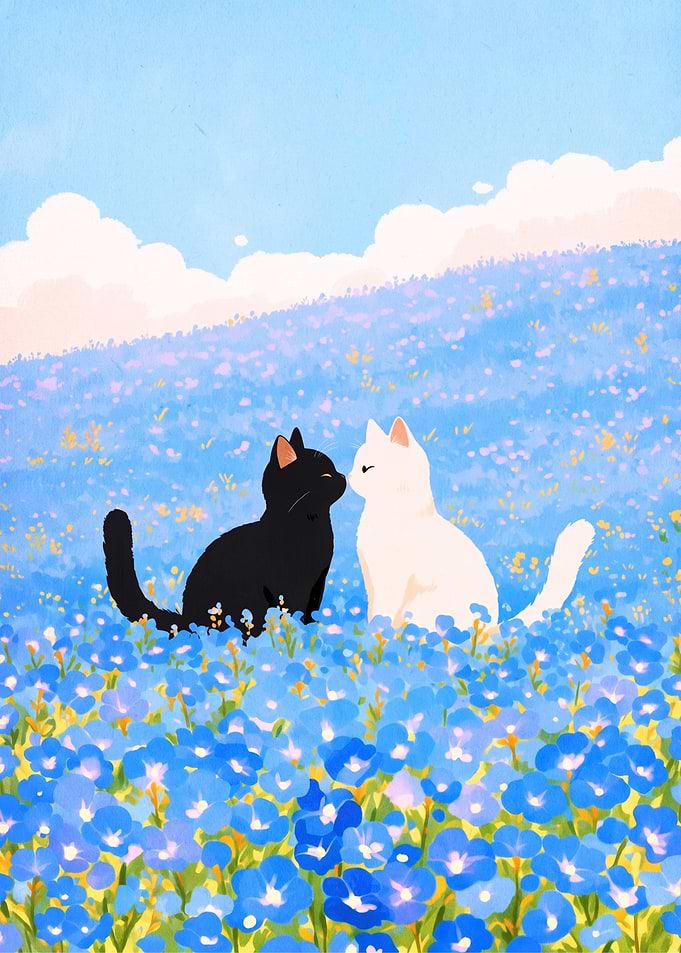 Black and White Cats in Flowers