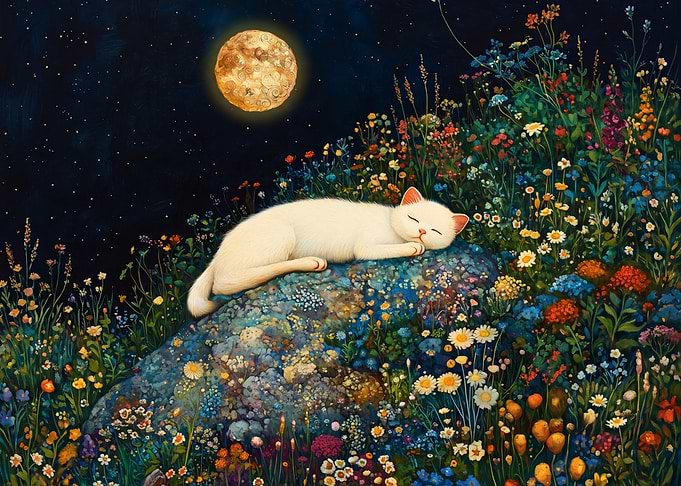 White Cat Sleeping Under Full Moon