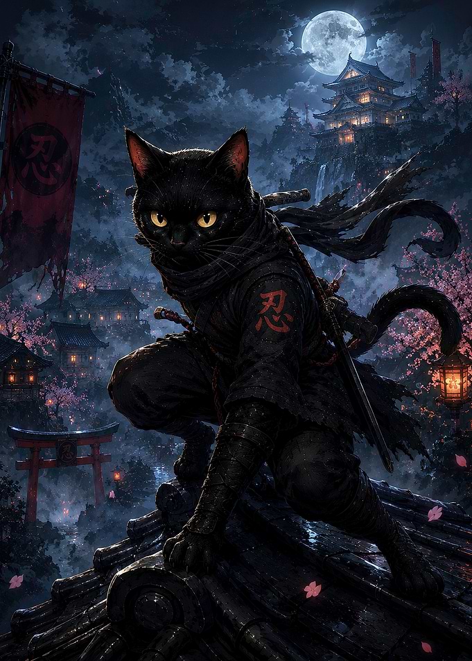 Black Cat Shinobi Japanese Ninja Wall Art