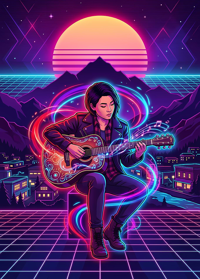 Neon Synthwave Guitarist Illustration