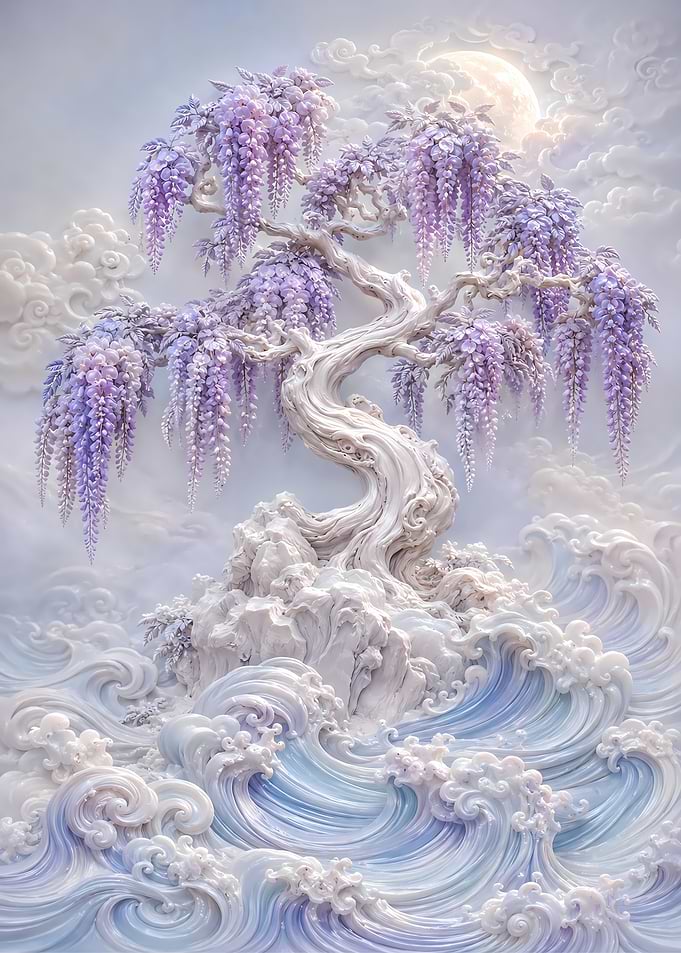 Ethereal Wisteria Bonsai Over Stylized Waves