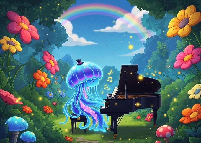 Jellyfish Playing Piano in Magical Garden