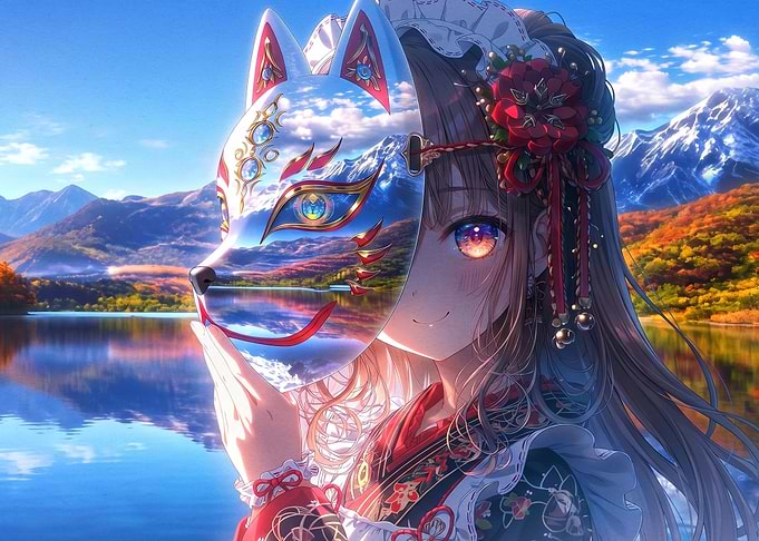 Anime Girl Holding Kitsune Mask